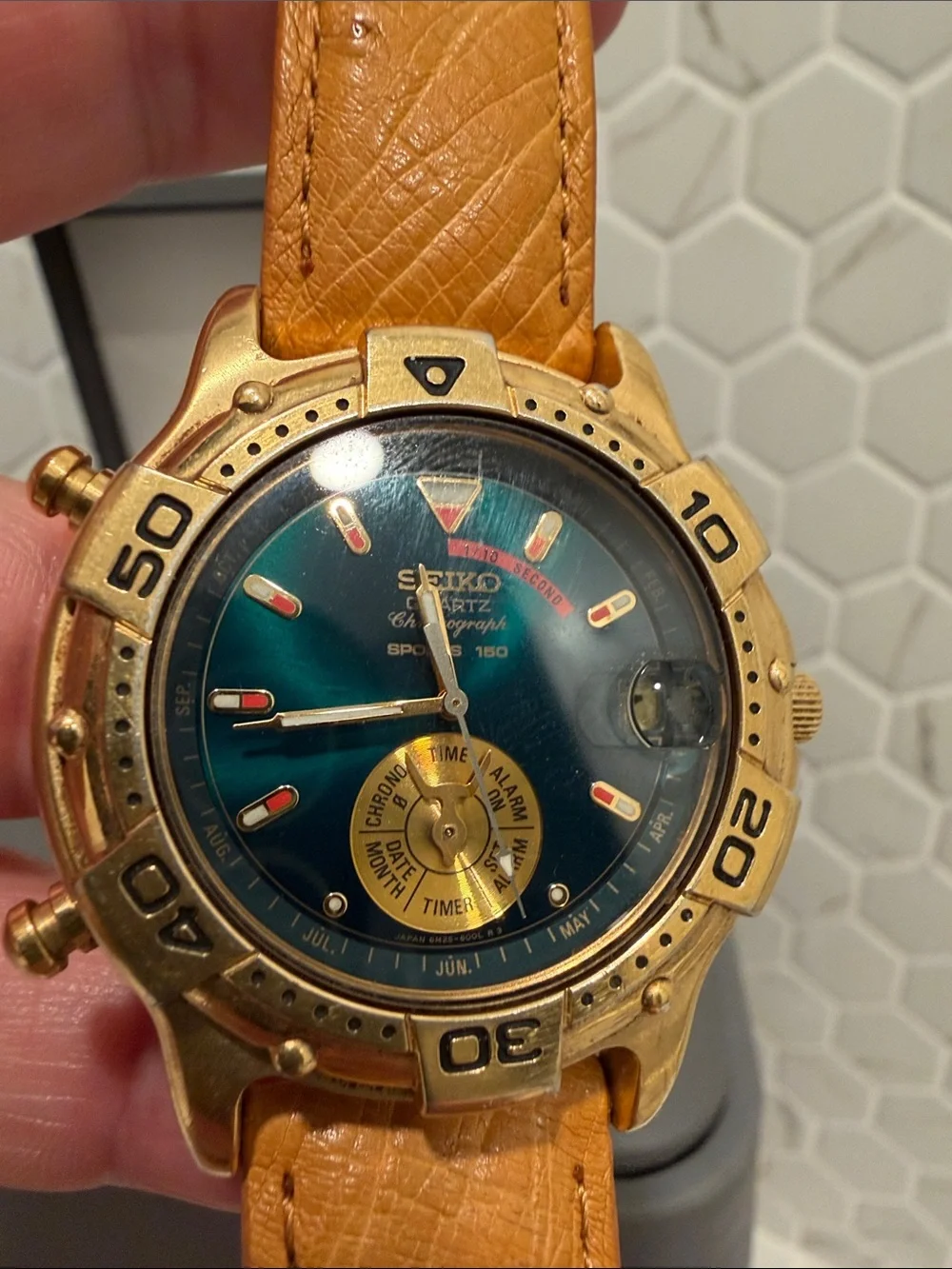 90s Seiko Gold-Tone Diver Style Watch with Teal Dial and Tan Leather Strap
